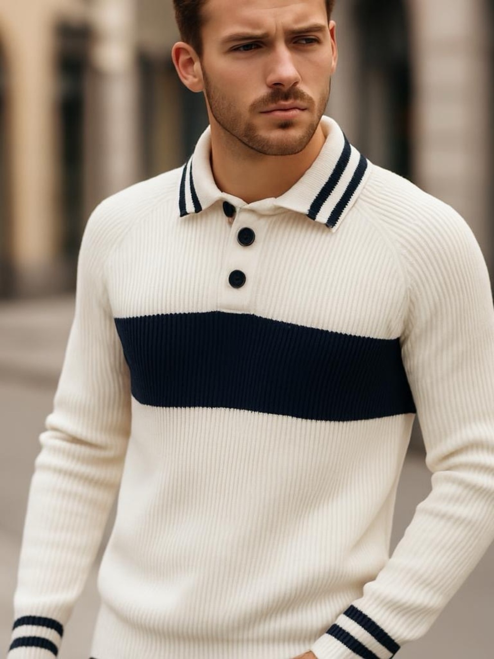 Eddie‎ Bauer White & Navy Knit Rugby Sweater Size XL
